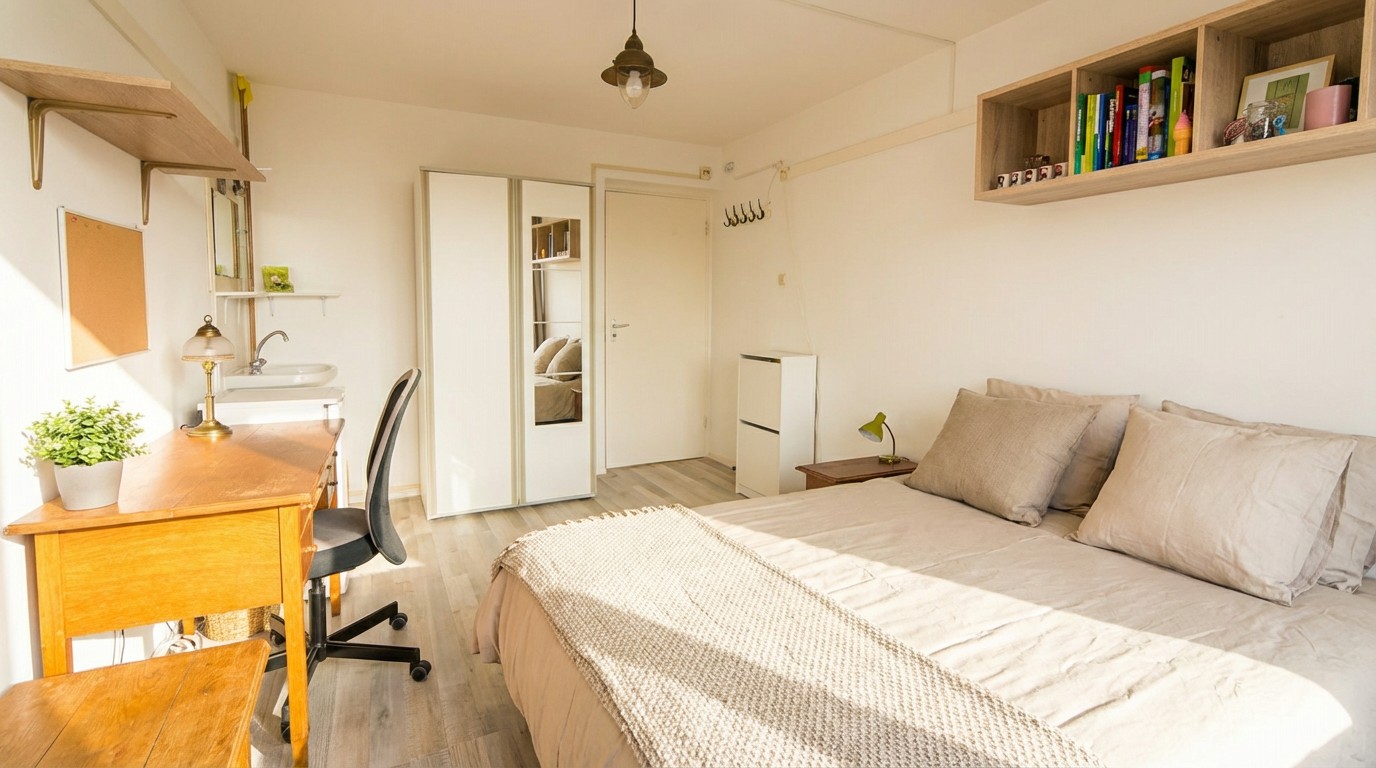 Same bedroom decluttered and restyled by AI